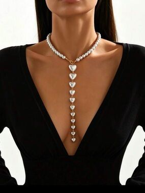 Pearl Heart Drop Y Necklace - White Pearls with Gold Accents